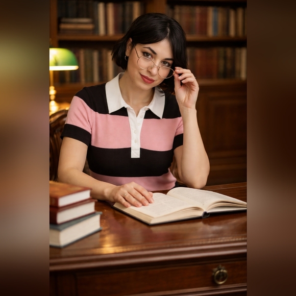 ​Active USA Striped Knit Polo Midi Dress - Pink & Brown Preppy Collared Sheath - Picture 5 of 14